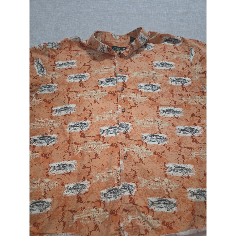 Gallop Mens XXL Orange Fish Bass Print Short Sleeve Cotton Button Down Shirt - Picture 1 of 7